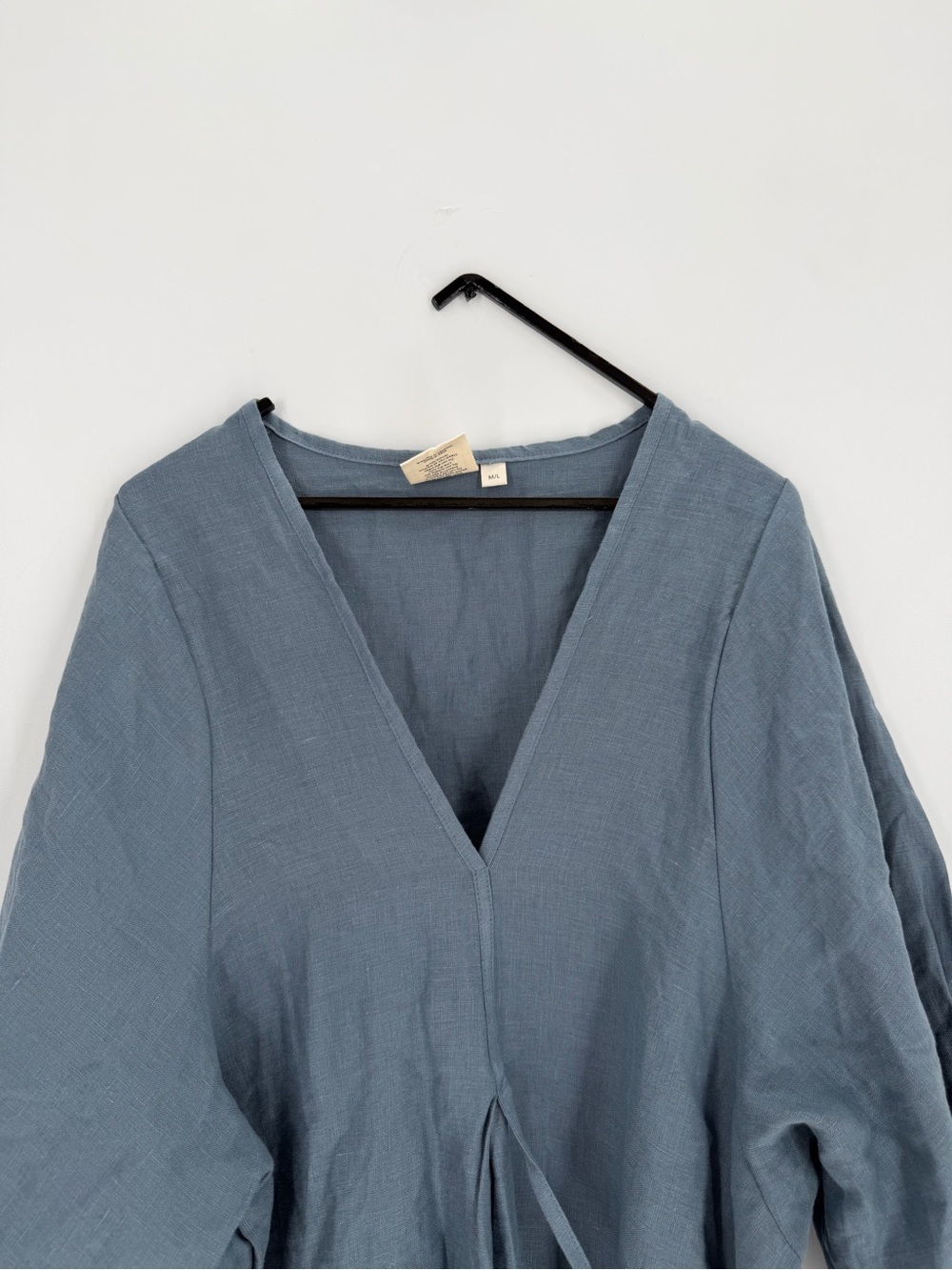 Deiji Studios Linen Wrap Tie Crease Bind Fold Deep V Midi Dress In Blue